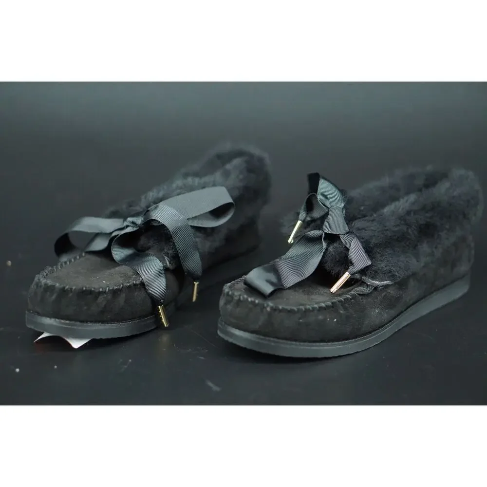 Tory Burch Aberdeen Genuine Rabbit Fur Trim Slipper Bootie SZ 5.5 NIB Black Bow